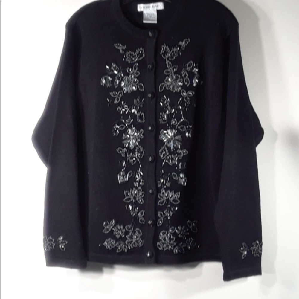 Victoria Jones Vintage Black Beaded Cardigan Sweater Large